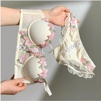 MOYISU New Vintage Embroidery Cream Sweet Flowers Pastoral Field Sexy Underwear for Women Small Breasts Pure Desire Gathered Up