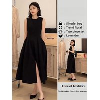 Black Hepburn Style Sleeveless Vest Dress Women's Mid-Length Split Long Skirt Summer New Arrival Elegant A-Line Dress