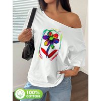 Plus Size Vibrant Psychedelic Flower Print Y2K Style Oversized T-Shirt Women Summer Loose Off Shoulder Top 100% Cotton