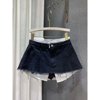 Trend Contrast Color Patchwork Denim Skirt Women Hem Burrs High Waist Loose Wrap Hip Skirts Female 2025 Spring New 11XX1592