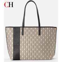 CH Tote Bag Monogram Print Large Capacity Shoulder Bag Brown Genuine Leather Trim Top Handle Handbag For Women Work Travel