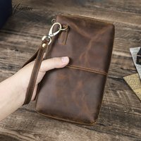 Vintage Men's Clutch Bags RFID Genuine Crazy Horse Leather Handbag Male Long Money Wallets Phone Pouch Man Clutch Coin Purse