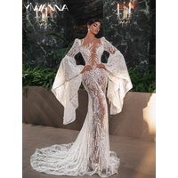 Embroidery Beaded Lace Mermaid Wedding Dress Luxury Pearls Flare Sleeve Bridal Gown Customized Sexy Illusion Dresses For Bride