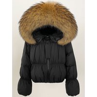 ZMEENNA Women's Short Black Down Puffer Jacket With Oversized Brown Faux Fur Hood Trim Stylish Warm Winter Coat Chic ZM3410
