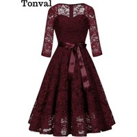 Tonval Sweetheart Neck Elegant Lace Long Swing Dress Women 3/4 Length Sleeve Belted Spring Autumn Vintage Ladies Midi Dresses