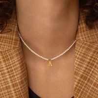 Golden Letters Initial Pendant Necklace Diy Name Simulated Pearls Bead Necklaces for Women Pearl Woman's Choker Jewelry Gift