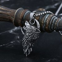 2024 New Punk 316L Stainless Steel Viking Wolf And Moon Pendant Necklace For Man Women Vintage Gift