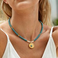 Gold Color Stainless Steel Sun Pendant Necklace Boho Turquoise Beads Adjustable Choker for Women Summer Jewelry Gift