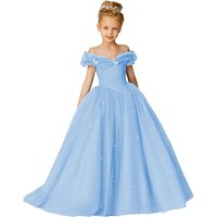 Snvdzo Off Shoulder Flower Girl Dress Elegant Puffy Tulle Sparkly Pearls For Wedding Birthday Evening Party Prom Banquet Dresses