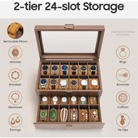 24 Slot Watch Box 2 Tiers Portable Brown Watch Collection Box,Table Top Watch Storage Holder Organizer for personal use, store displays, home decor