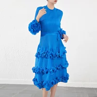 Miyake Pleated Style Dress for Women's Spring and Autumn New Round Neck Loose and Slim Irregular Cake Skirt