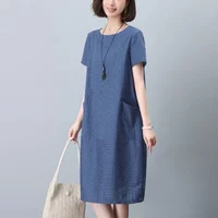 Spring Summer Women's Polka Dot Linen Blend Shift Dress with Pockets