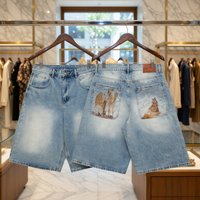 DERSCHUTZE light blue denim shorts loose desert figure camel embroidery street style casual men DERSCHUTZE five quarter pants