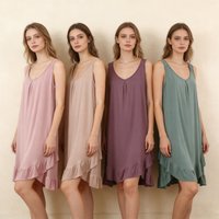 Summer Women's Modal V-Neck Ruffle Trim Sweet Stylish Nightgown Loose Comfy Flattering Plus Size Tank Sleep Dress
