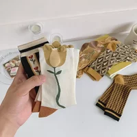 2025 New Vintage Women Socks Japanese Fashion Harajuku Retro Crew Socks Floral Print Sweet Girl Kawaii Cute Bow Long Socks Women