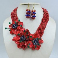 Handwoven Shell Flower Necklace Earring Set 18”