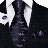 Barry.Wang Purple Bat Tie For Men Novelty Animal Black Stripe Ncektie Pocket Square Cufflinks Set Wedding Party FA-6210