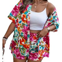 Elegant Floral Print Vacation Two-Piece Set with Open Cardigan Shirt And Shorts for Women