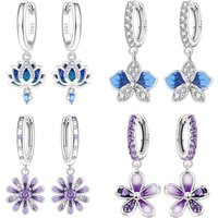 Orstarry S925 Sterling Silver Earrings Purple Daisy Blue Lotus Butterfly Orchid Earrings For Women Birthday Gift Fashion Jewelry