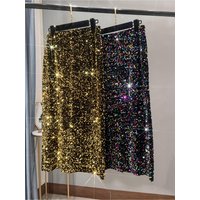 2022 New Thickened French High-waisted Slim, Versatile Mid-length Skirt with Hip Wrap Slit Black Sequin Skirt for Women