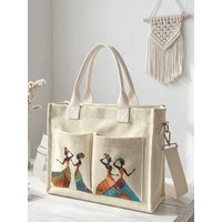 African Women Tribal Art Print Corduroy Tote Bag Large Capacity Multi Pocket Ethnic Commuter Shoulder Bag