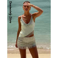 Boho Women's Beaded Tassel Sling Top Skirt Set Asymmetry Satin Backless Vest Mini Skirts 2026 Spring Summer Lady Beach Suits