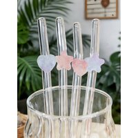 Reusable curved glass straws with starfish & heart decor. Perfect for parties, summer drinks, beach fun. Easy clean. Great gift.