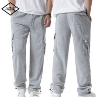 Mens Gray Sweatpants Straight Fit Joggers for Sports and Streetwear Multi-pocket Pants Loose Oversized Drawstring Long Pants Men