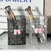 Clear Acrylic Desk Organizer with Bow Accent-Durable Pen Holder and Storage Basket for Office Supplies,Pens,and Accessories