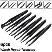Antistatic Carbon Fiber Tweezers 6pcs Black Plastic Tweezers Watch Trimmer Tools Part Watch Repair Tweezers Tools for Watchmaker