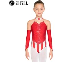 Girls Ringmaster Dance 2 Pcs Costume Sparkly Rhinestone Halter Ballet Leotard with Oversleeve School Festival Holiday Dancewear