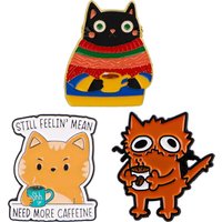 Mix 3pcs/set Coffee Cat Enamel Pins Metal Brooch Backpack Hat Bag Collar Lapel Badges Men Women Fashion Jewelry Collection Gifts