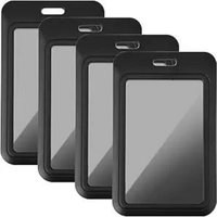 5Pcs Sliding Badge Holder - Hard Black Vertical Plastic Card Case Protector with Retractable Badge Reel Carabiner
