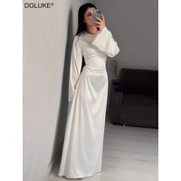 DGLUKE Elegant White Satin Dress Women O-Neck Flare Sleeve Maxi Dress Spring Autumn Cross Back Bandage Long Dress Vintage