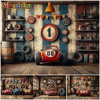 Mocsicka Racing Car Photo Backdrop Birthday Party Tire Repair Shop Wooden House Decorations Photography Background Studio Banner