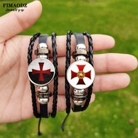 Hot Knights Templar Cross Bracelet for Men Unisex Masonic Symbol Glass Custom Pattern Woven Leather Bracelets Bangle