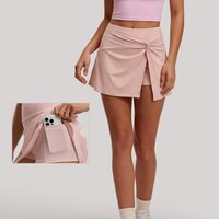 Women's Sports Skirt High-Waisted Tennis Skirt with Front Knot Modest Slit Pleated Skirt Breathable Mini Skirt with Pockets Pink