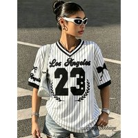 Summer New Los Angeles 23 Print Stripe T-shirt For Women V-Neck Short Sleeve Tees Sports Football Jersey Y2K Loose Oversized Top