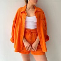 Solid Pleated Two Piece Set For Women Summer Women's Two Piece Casual Long Sleeve Short Sets Fashion Button Outfits Suit