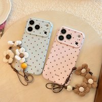 Simple Stylish Brown Polka Dot Flower Pattern Blue Pink Glossy Cover Case For iPhone 17 16 15 14 13 Pro Max with Flower Lanyard