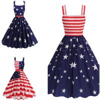 4th Of July Independence Day Dress For Women American Flag Patriotic Dresses Summer Beach Vacation Vintage Suspender Swing Dress