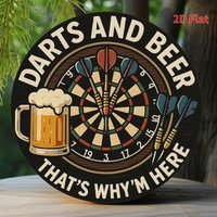 2D Flat, Dart and Entertainment Metal Wall Art - 19.81cm Round Iron Sign with "Darts and Good Times" Design, Perfect for Home, O