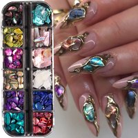 12 Grids Iridescent Abalone Stones Shell Slices Nail Charms Rainbow Holographic Flakes 3D Shiny Gemstone Summer Manicure Decor