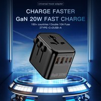 GaN 20W Fast Charging Power Adapter, 2 USB-C & 2 USB-A Ports, International Travel Charger with EU UK US AU Worldwide Plug Adapt