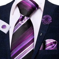 Gestreifte lila weiße Krawatte mit Brosche Seide elegante Krawatte für Männer handy Manschetten knopf Mode Hochzeit Business Party Hi-Tie Designer