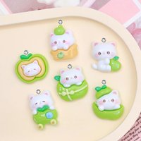 10Pcs Kawaii Green Apple Cat Resin Charms For Jewelry Making Earring Necklace Bracelet DIY Craft Pendants Decoration Accessories