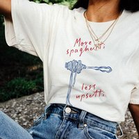 More Spaghetti Less Upsetti Funny Graphic Tees Unisex Men Women Loose Cotton Short Sleeve Tops Summer Printing Casual Tees