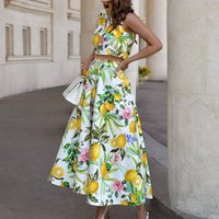 Fashion Lapel Button Shirt & A-Line Skirt Set Sleeveless Casual Hight Waist Long Skirt Outfits Elegant Print Pocket 2Pc Suits