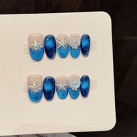 10pcs Short Almond Handmade Fake Nail Ocean Blue Cat's Eye French Style False Nail Sea Star Shells Decor Summer Press On Nail