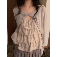 Stunning Korean Style Two-Piece Set Women's Long Sleeve Short Knot Top Layered Ruffle Strap Shirt High Waist Spring Fashion